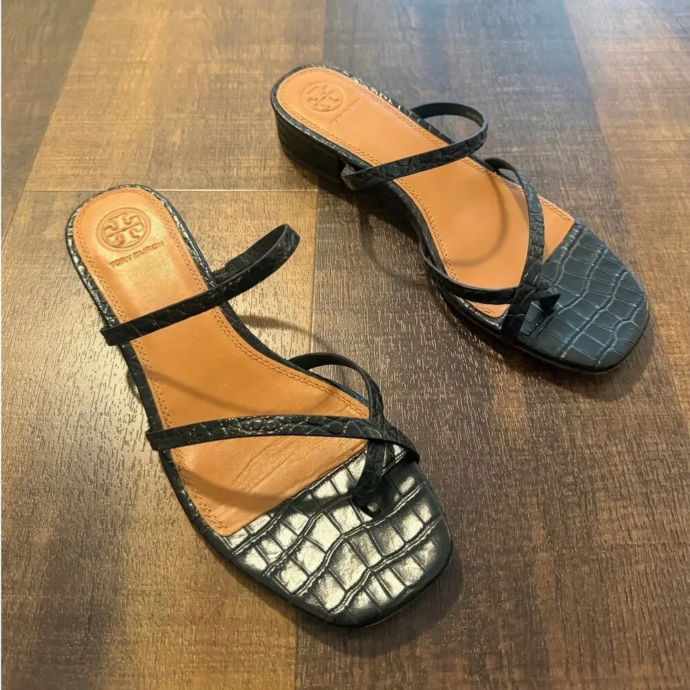 Tory Burch Croc Embossed Slide Sandals Black Leather Size 8M